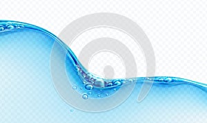 Blue transparent water wave splash with bubbles isolated on white background. Real transparent water effect. Vector