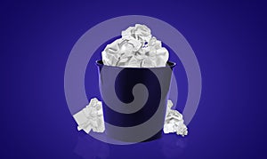 Blue trash. blue background and crumpled papers. Idea