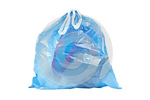 Blue trash bag filled with garbage isolated on white background. Garbage bag isolated. Blue trash bag filled with garbage isolated