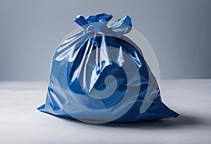 Blue trash bag on a white surface, AI-generated.