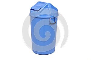 Blue trash can.