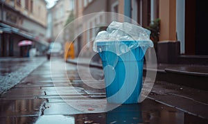 Blue trash can with plastic bag on the wet street and people walking in the rain