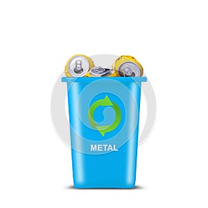 Blue trash can. With a recycling icon, and empty beers cans. Isolated on white background. Metal recycling. Garbage