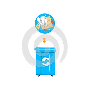 Blue trash garbage can with sorted garbage, recycling garbage industry vector Illustration