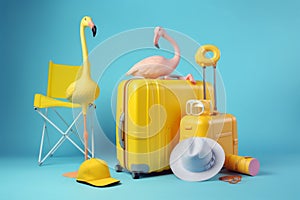 blue travel flamingo summer sunglasses suitcase background concept vacation holiday yellow. Generative AI.