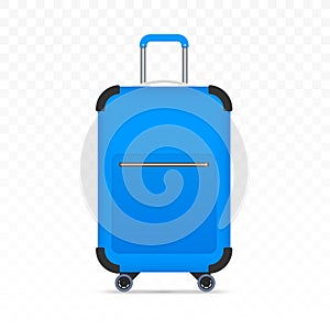 Blue travel plastic suitcase with wheels realistic on white background. Vector stock illustration