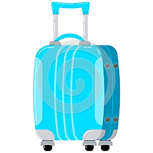 Blue travel plastic suitcase with wheels and telescopic handle icon isolated on white background.