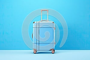 Blue travel suitcase on blue background.