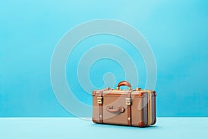 Blue travel suitcase on blue background.