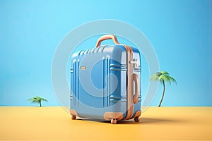 Blue travel suitcase on blue background.