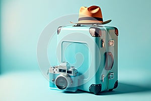 Blue travel suitcase with camera and hat