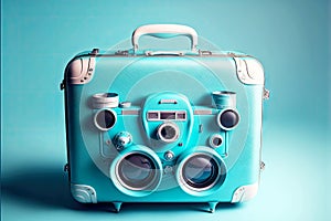 blue travel suitcase with camera and sunglasses on blue background