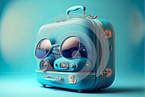 blue travel suitcase with camera and sunglasses on blue background