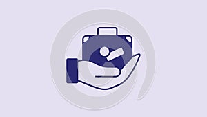 Blue Travel suitcase in hand icon isolated on purple background. Traveling baggage insurance. Security, safety