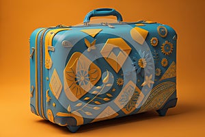 Blue travel suitcase on orange background. generative ai