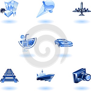 Blue travel and tourism icon set