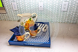 Blue Tray With Pitcher And Coffee Mugs