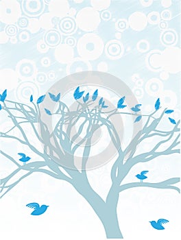 Blue Tree with birds perched and flying around