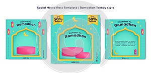 Blue trendy colorful instagram square post background islamic ramadhan template set for product sale promotion with 3d platform
