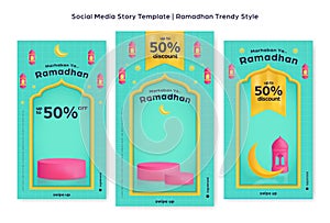 Blue trendy colorful instagram story background islamic ramadhan template set for product sale promotion with 3d platform podium