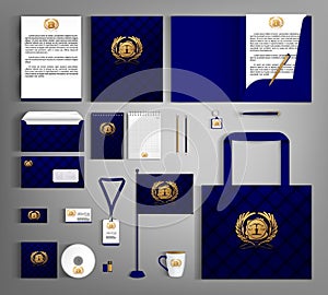 Blue trendy corporate identity template design with gold Notary symbol.
