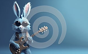 Blue trendy Rabbit plays the guitar on a blue background with copy space. AI generated