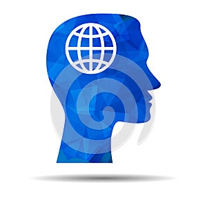 Blue Triangle design icon with human head, brain and globe