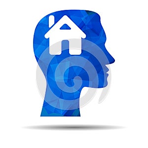 Blue Triangle design icon with human head, brain and house.