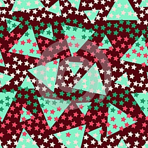 Blue triangles with colorful stars on a dark red background