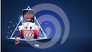 Blue triangular podiums with smartphone, red slot machine, poker chips, playing cards in scene with blue neon triangle border.