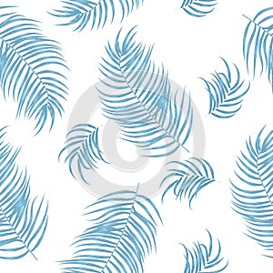 Blue tropical jungle palm tree leaves seamless vector pattern.  Botany background
