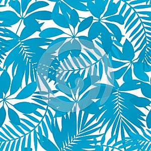 Blue tropical leaves seamless pattern