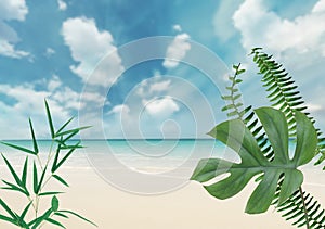 Blue  tropical sky Mediterranean Sea with greeb plant palm flowers  beautiful nature background template copy space