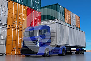 Blue truck in container port