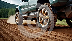 A blue truck is driving on a dirt road with a lot of dust. The tires are black and the truck is leaving a trail of dust