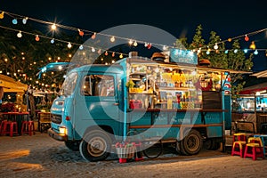 A blue truck is parked in front of a building, creating a scene of urban life, Vintage food truck in a well-illuminated night