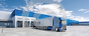 The blue truck parked in front of a modern warehouse facility..AI generated image