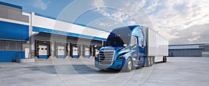 The blue truck parked in front of a modern warehouse loading dock..AI generated image