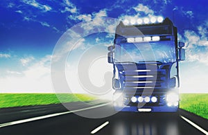 Blue truck speed transport goods highway street motorway. 3d rendering