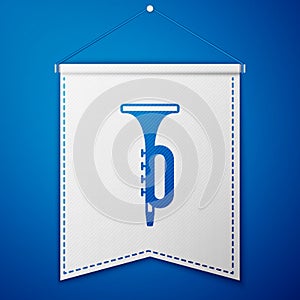 Blue Trumpet icon isolated on blue background. Musical instrument. White pennant template. Vector