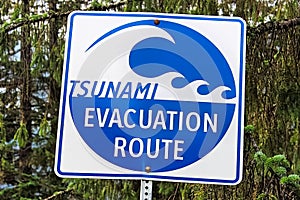 A blue tsunami evacuation route direction sign