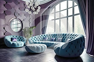 Blue tufted curved sofa, pouf and lounge chair against violet paneling wall and arched window. Art deco style home interior design