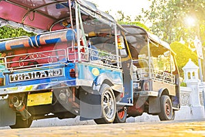 Blue Tuk Tuk, Thai traditional taxi in Bangkok Thailand, park in