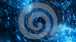 Blue tunnel of digital data with binary code flowing through a network