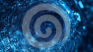 Blue tunnel of digital data with binary code flowing through a network
