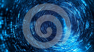 Blue tunnel of digital data with binary code flowing through a network