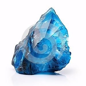 A blue turkvenit gemstone, a mineral and semi-precious stone, is solitary on a white surface, studied in geology