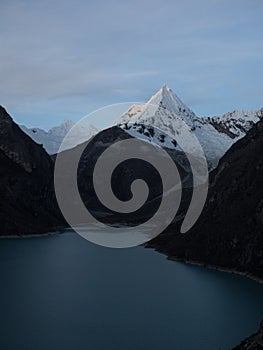 Blue turquoise alpine mountain lake Laguna Paron in Huascaran National Park Caraz Huaraz Ancash Cordillera Blanca Peru