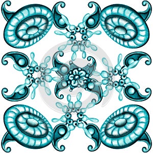 Blue and turquoise shades with textures in a floral abstract zendoodle ornament