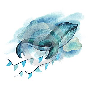 Blue, turquoise whale with garland flags and clouds textured. Watercolor illustration hand drawn in childish simple